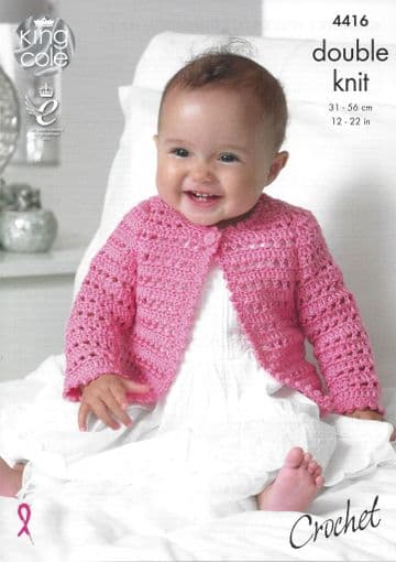 King Cole Baby DK Crochet Pattern - 4416 Dress, Cardigan & Hat