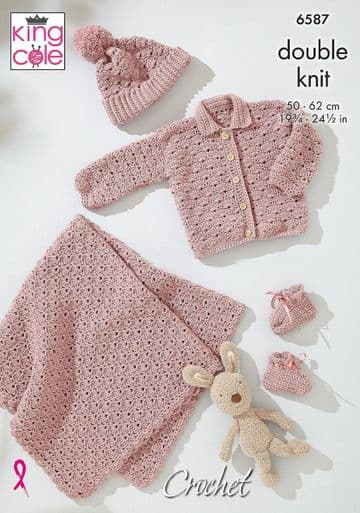 King Cole Baby DK Crochet Pattern - 6587 Baby Jacket, Hat, Bootees & Blanket (4 Designs)
