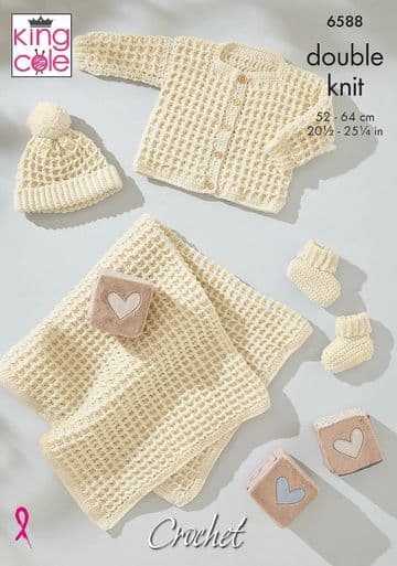King Cole Baby DK Crochet Pattern - 6588 Baby Cardigan, Hat, Bootees & Blanket (4 Designs)