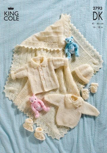 King Cole Baby DK Knitting Pattern - 2793 Shawl & Layette