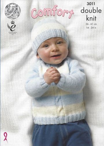 King Cole Baby DK Knitting Pattern - 3011 Cardigan, Sweaters, Hat & Mittens