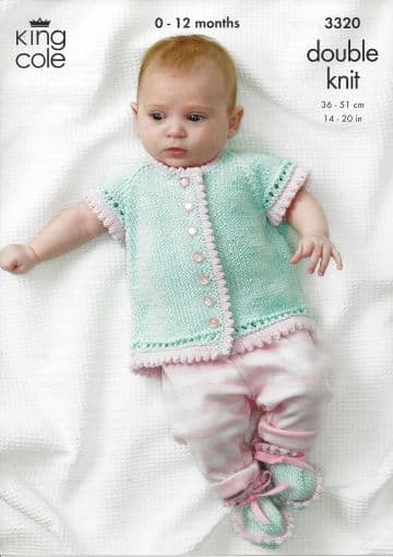 King Cole Baby DK Knitting Pattern - 3320 Round Neck, Crossover Cardigan, Shoes & Pram Cover