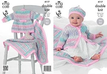 King Cole Baby DK Knitting Pattern - 4117 Coat, Beret & Blanket