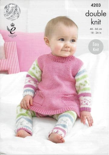 King Cole Baby DK Knitting Pattern - 4203 Tunic, Cardigan & Leggings