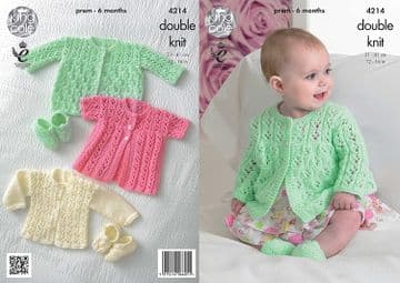 King Cole Baby DK Knitting Pattern - 4214 Matinee Coats, Cardigan & Shoes