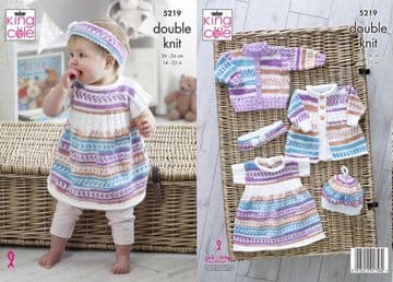 King Cole Baby DK Knitting Pattern - 5219 Cardigan, Dress, Coat, Beret & Headband