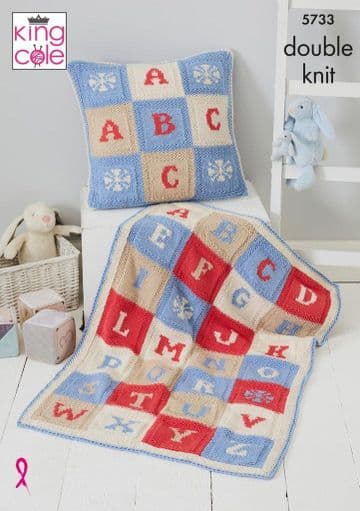 King Cole Baby DK Knitting Pattern - 5733 Alphabet Blanket & Cushion Cover