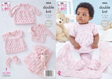 King Cole Baby DK Knitting Pattern - 5856 Dress, Cardigan, Blanket & Bootes