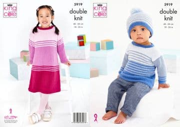 King Cole Baby DK Knitting Pattern - 5919 Baby & Toddlers Sweater, Hat & Dress