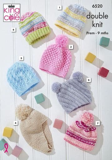 King Cole Baby DK Knitting Pattern - 6520 Baby Hats (7 Designs)