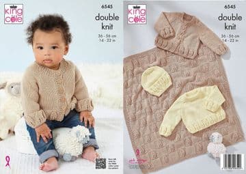 King Cole Baby DK Knitting Pattern - 6545 Baby Cardigan, Sweater, Hat & Blanket (4 Designs)