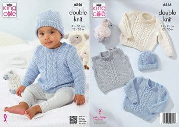 King Cole Baby DK Knitting Pattern - 6546 Baby Sweater, Cardigan, Hat & Slipover (4 Designs)