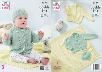King Cole Baby DK Knitting Pattern - 6547 Baby Cardigans, Hat & Blanket (4 Designs)