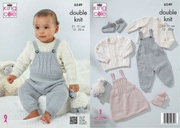 King Cole Baby DK Knitting Pattern - 6549 Baby Dungarees, Pinafore, Cardigan, Sweater & Bootees
