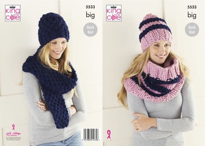 King Cole Big Value Big Knitting Pattern - 5533 Ladies Hats, Cowl & Scarf