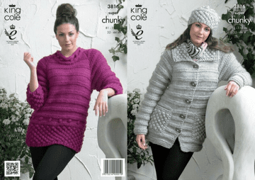 King Cole Big Value Super Chunky Knitting Pattern - 3816 Jacket, Sweater & Hat