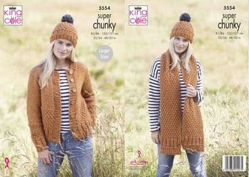 King Cole Big Value Super Chunky Stormy Knitting Pattern - 5554 Cardigan, Hat & Scarf