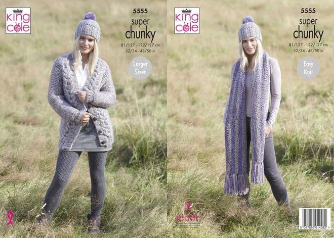 King Cole Big Value Super Chunky Stormy Knitting Pattern - 5555 Cardigan, Hat & Scarf