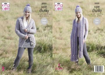King Cole Big Value Super Chunky Stormy Knitting Pattern - 5555 Cardigan, Hat & Scarf