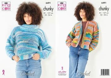 King Cole Chunky Crochet Pattern - 6491 Ladies Polo Sweater & Cardigan (2 Designs)