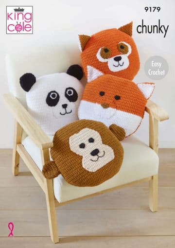 King Cole Chunky Crochet Pattern - 9179 Animal Cushion Covers