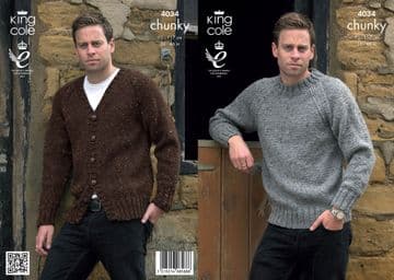 King Cole Chunky Knitting Pattern - 4034 Men's Sweater & Cardigan