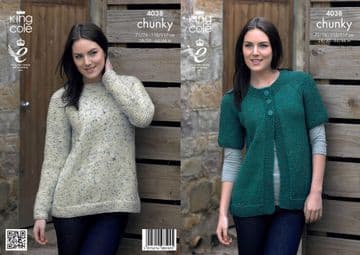 King Cole Chunky Knitting Pattern - 4038 Ladies Cardigan & Sweater
