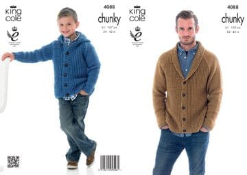 King Cole Chunky Knitting Pattern - 4088 Men's & Boy's Cardigan & Hoodie