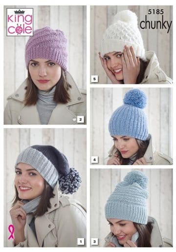 King Cole Chunky Knitting Pattern - 5185 Hats