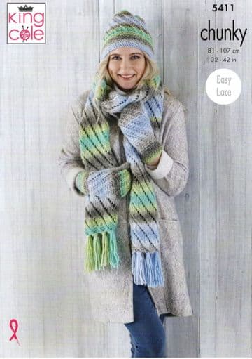 King Cole Chunky Knitting Pattern - 5411 Sweater, Cowl, Hat, Scarf & Mittens