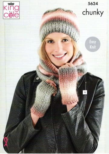 King Cole Chunky Knitting Pattern - 5624 Hat, Wraps, Cowl & Scarves