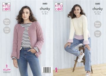 King Cole Chunky Knitting Pattern - 5682 Ladies Sweater & Cardigan