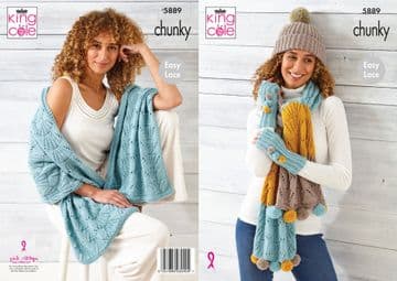 King Cole Chunky Knitting Pattern - 5889 Wrap, Scarf, Hand Warmers & Hat