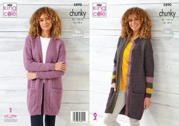 King Cole Chunky Knitting Pattern - 5890 Ladies Cardigan/Coats