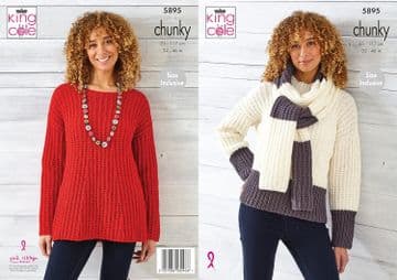 King Cole Chunky Knitting Pattern - 5895 Ladies Sweaters & Scarf
