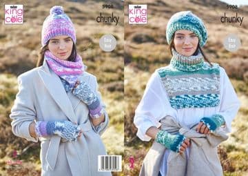 King Cole Chunky Knitting Pattern - 5908 Ladies Hat, Beret, Snood, Wristwarmers & Fake Polo Neck