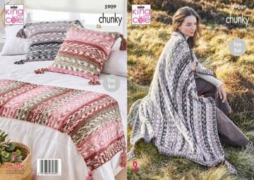 King Cole Chunky Knitting Pattern - 5909 Blanket, Bed Runner & Cushion Cover