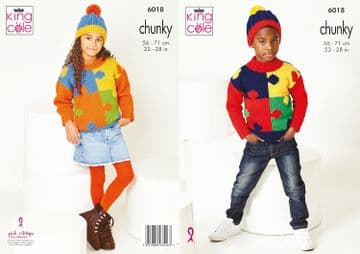 King Cole Chunky Knitting Pattern - 6018 Jigsaw Sweaters & Hats