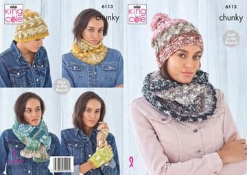King Cole Chunky Knitting Pattern - 6113 Hats, Snoods, Scarf & Fingerless Gloves