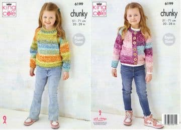 King Cole Chunky Knitting Pattern - 6199 Childrens Sweater & Cardigan