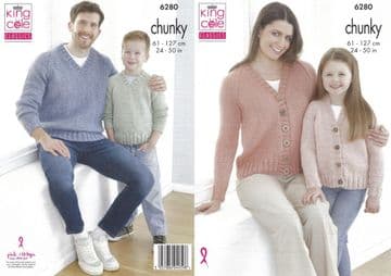 King Cole Chunky Knitting Pattern - 6280 Family Sweaters & Cardigans (2 Designs)