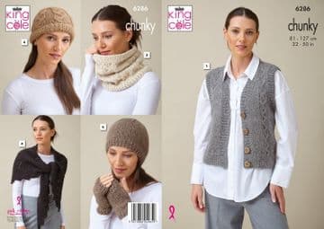 King Cole Chunky Knitting Pattern - 6286 Ladies Waistcoat & Accessories (5 Designs)