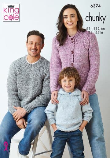 King Cole Chunky Knitting Pattern - 6374 Family Sweaters & Cardigan (3 Designs)
