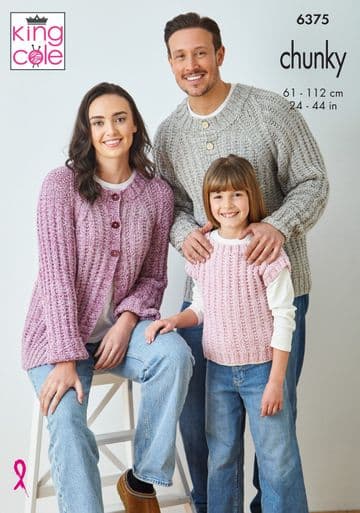 King Cole Chunky Knitting Pattern - 6375 Family Sweaters & Cardigan (3 Designs)
