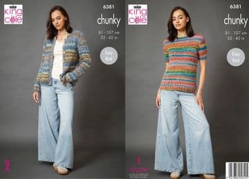 King Cole Chunky Knitting Pattern - 6381 Ladies Cardigan & Short Sleeved Sweater (2 Designs)