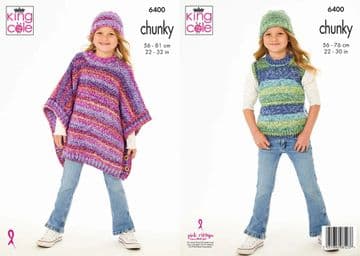 King Cole Chunky Knitting Pattern - 6400 Children's Poncho, Hat & Tank Top