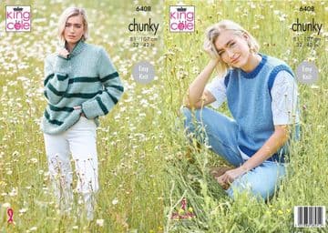 King Cole Chunky Knitting Pattern - 6408 Ladies Tank Top & Sweater (2 Designs)