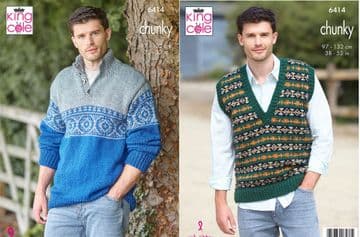 King Cole Chunky Knitting Pattern - 6414 Men's Tank Top & Sweater (2 Designs)