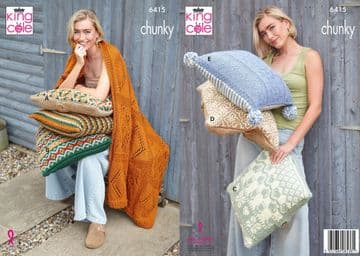 King Cole Chunky Knitting Pattern - 6415 Cushion Covers & Lace (7 Designs)