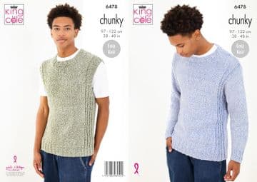 King Cole Chunky Knitting Pattern - 6478 Men's Sweater & Slipover (2 Designs)